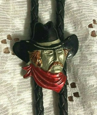 Vintage Pewter Cowboy Head Bolo Tie Western W/genuine Black Leather Braided Cord