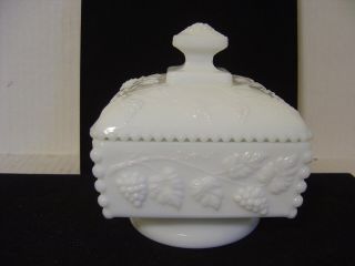 Vintage Westmoreland White Milk Glass Paneled Grape Footed Square Candy Dish