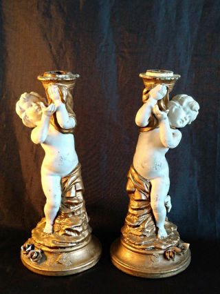 Haunted 2 Vintage Ceramic Porcelain Angel Cherub Candle Holders