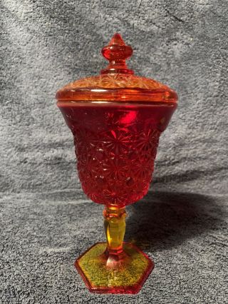 Vtg L.  E Smith Amberina Red To Gold Glass Pedestal Daisy & Button Lidded Compote