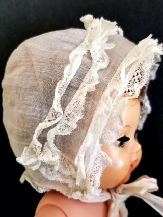 Vintage Fine Small White Organdy Baby Bonnet With Lace Fits 12 " Baby Doll