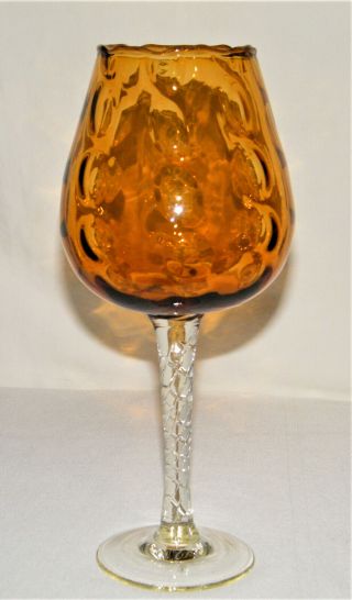 Mid Century Modern Vintage Empoli Amber Art Glass Oversized Goblet Dot Pattern