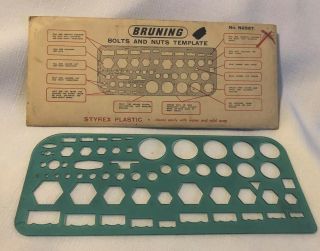 Vintage Bruning Bolts & Nuts Template With Sleeve - Styrex Plastic 2597