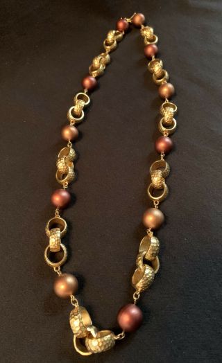 Vintage Napier Chunky Gold Tone Long Hammered Chain Link Necklace W/ Beads Euc