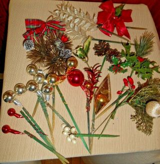 Vintage Christmas Craft Supplies - Picks,  Decorative Ornaments,  Fronds,  Plastic