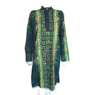 Vtg Ethnic Green Batik Print Red Stiching Festival Boho Hippie Dress M/l /2724