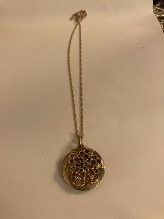 Vintage Gold Tone Locket Necklace With Aqua Blue Crystals 18” B8
