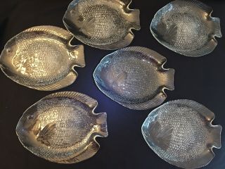 Set Of 6 Vintage Arcoroc France Clear Fish 8 1/4 " X 10” Dinner