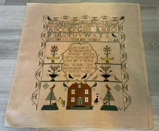 Vintage Cross Stitch Sampler,  Hand Made,  Numbers,  Abc’s,  House,  Birds,  Flowers