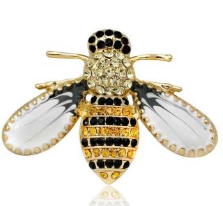Bee With White Wings Clear Yellow Black Crystals Vintage Gold Pin Brooch D - 6455