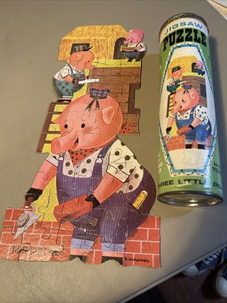 Vintage Three Little Pigs Puzzle Hg Toys 50 Piece In Tube Jigsaw Complete