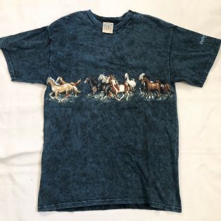 Vintage 90s 2000 Habitat Western Cowboy Horses T - Shirt Blue Tie Dye Double Sided