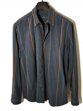 Vintage Tommy Bahama Men’s Xl Silk Long Sleeve Shirt - Slate Blue W/ Mauve Stripe