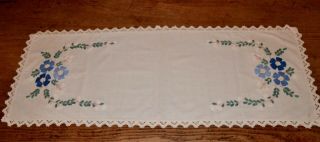 Vintage Hand Embroidered Dresser Scarf Table Runner Blue Flowers 45 " X 18 "