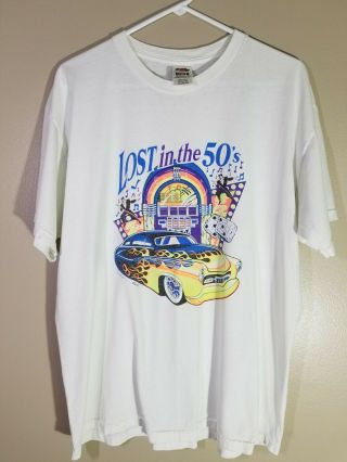 Vintage " Lost In The 50s " Hot Rod T - Shirt White Men 