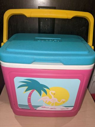 Vintage Igloo 10 Pink Yellow Teal Cooler Ice Chest Palm Tree Flamingos Pink 90s
