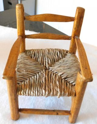 Vintage Handcrafted (?) Primitive Wooden Doll Chair With Woven Rush Seat