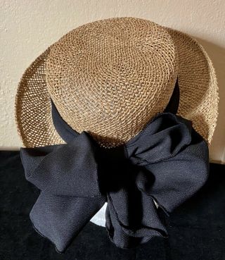 Vintage Girls Classic Black Straw Hat,  Large Black Band Bow In Back
