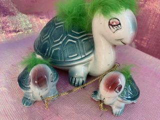 vintage fuzzy ceramic turtle family on chain figurine japan anthropomorphic 3