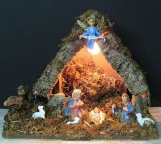 Vintage Christmas Lighted Nativity Made In Italy Rustic Tree Bark Creche