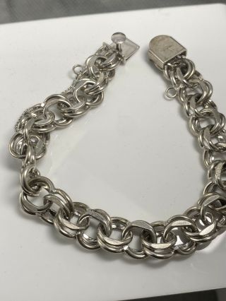 Vintage 10mm Double Link Sterling Silver 925 Starter Charm Bracelet 7 1/2” Long