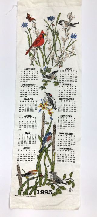 Vintage 1995 Calendar Kitchen Linen Tea Towel Song Birds Cardinal