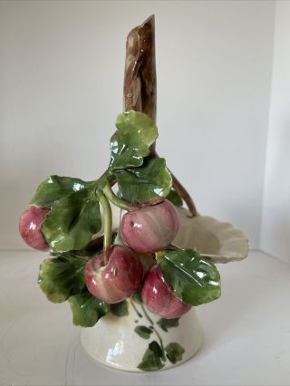 Vintage Italian Art Pottery Twig Handled Basket With Cherries Italy Hand Made
