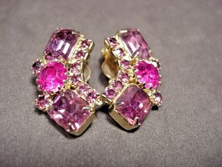 Weiss Earrings Purple And Pink Rhinestone Clip On Vintage