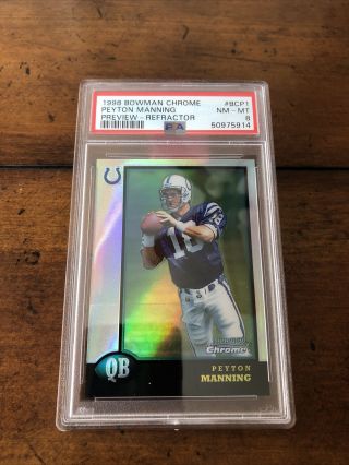 Peyton Manning 1998 Bowman Chrome Preview Refractor Rookie Bcp1 Psa 8
