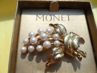 Vintage Monet Faux Pearl Leaf Gold Tone Brooch Pin
