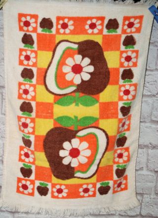 Vintage Kitchen Towel Daisy Apple Golden Crown Yellow Orange Brown Mod Cotton