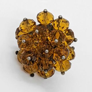 Vintage Amber Faceted Glass Sparking Bead Cluster Statement Ring Adjustable Size