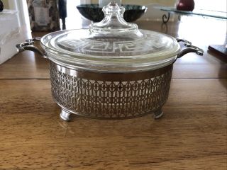 Vintage Covered Round Casserole Dish With Metal Footed Holder