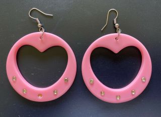 Vtg 60s Mid - Century Earrings Pink Plastic Lucite Mod Dangle Pierced Circle Heart