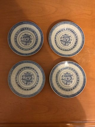 Vintage Chinese White W/ Blue Dragon Rice Eye Saucer Plates Set Of 4