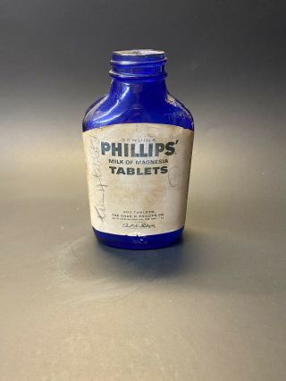 Vintage 1930s Phillips Milk Of Magnesia Tablets Cobalt Blue Bottle