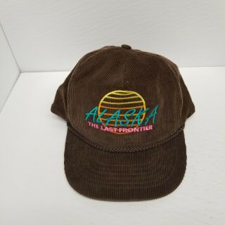 Vintage Alaska " The Last Frontier " Brown Corduroy Snapback Hat,  Bright Logo