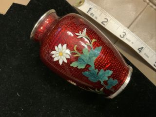 Vintage Japanese Pigeon Blood Cloisonne Vase Roses Ando Sato Era Silver Rims 3.  5