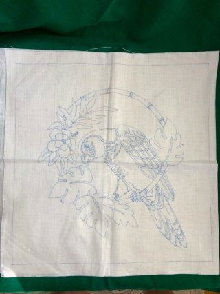 Vintage Parrot Stamped Linen Crewel Embroidery For Pillow Cover 16 "