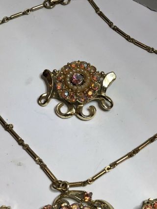 vintage costume jewelry rhinestone set necklace earrings brooch Gold Tone 3