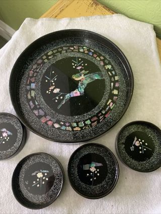 Lacquer 5 Piece Serving Tray Set Vintage Japan Mcm Black Abalone Birds Nuc