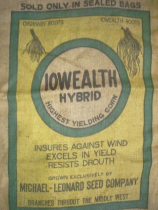 Vintage Burlap Iowealth Hybrid Seed Corn Sack Bag Michael Leonard Seed Co.