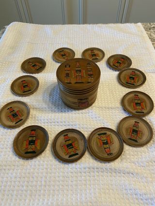 Vintage Japanese Wooden Hand Painted & Carved Box With 12 Matching Plates