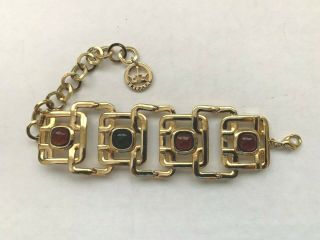Vintage Crown Trifari Multi - Colored Glass Cabochon Gold Tone 8” Bracelet - Signed