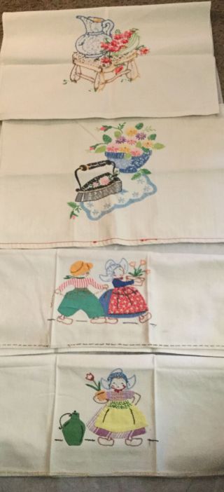 Set Of 4 Vintage Hand Embroidered Tea Dish Towels Dutch Children Flowers Etc.