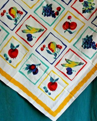 Vintage Fruit Motif Cotton Tablecloth 45 " X 42 " Red Yellow Green Navy Blue Aqua