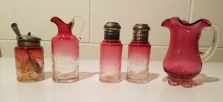 Vintage 5 Piece Pink Clear Salt Pepper Sugar Set