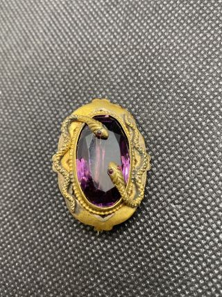 Vintage Unique Gold Tone Snake Purple Glass Stone Pin Brooch