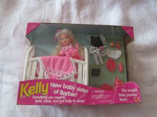 Bedtime Kelly Barbie Baby Sister Crib Bottle Mattel 12489 Nrfb Food Clothes1994
