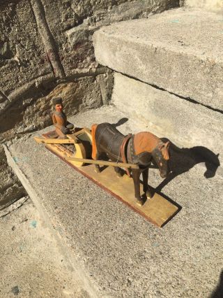 Vintage Russian Wood Carving Horse Pulling Man In Sleigh Approx 12” In Length